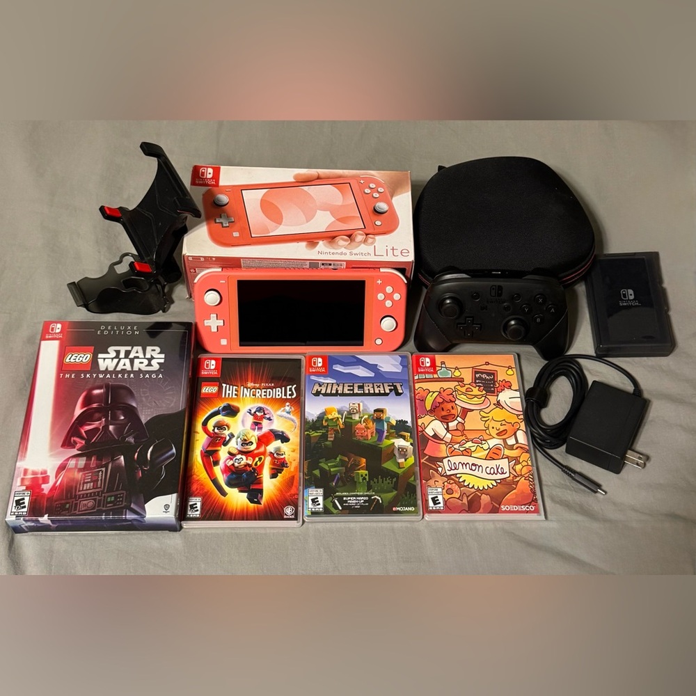 Nintendo Switch Lite (Coral Pink) Bundle with Games and Nintendo Pro Controller